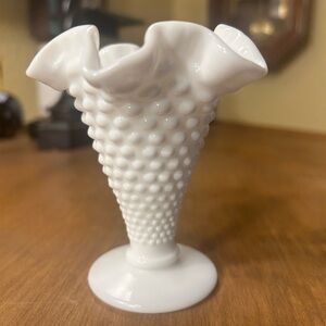 Fenton Milk Glass Hobnail Mini 4"-tall Vase w/Crimped Ruffle Edge Vintage